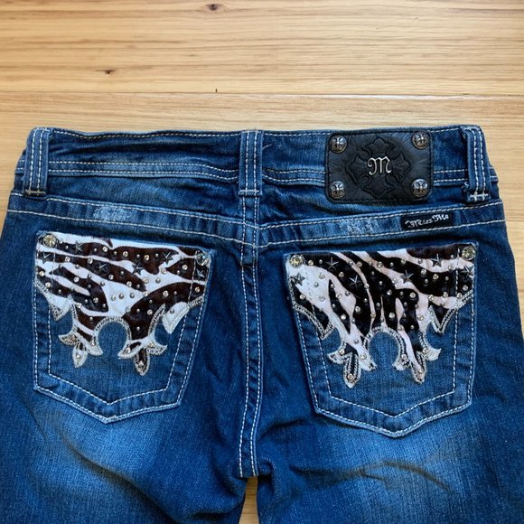 Miss Me "Zebra Hair" and Rhinestone Pocket Bootcut Jeans, Size 29 - Picture 6 of 8